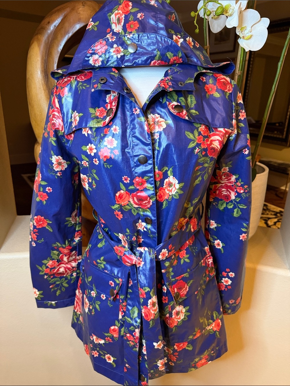 Vintage Style Floral Hooded Raincoat Jacket - Blue with Pink & Red Flowers